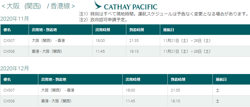 CX キャセイ便 12月 香港--関空便 運行再開 情報